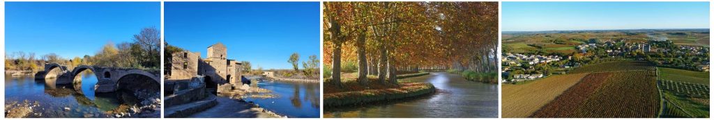 Photos pont romain Saint Thibéry sur l'Hérault près de Béziers et Pézenas - photographie canal du Midi en automne - Vue aérienne Hérault: village de Margon et vignobles.